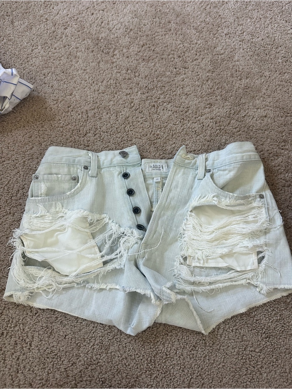 Agolde Light Blue Distressed Button-Fly Denim Shorts